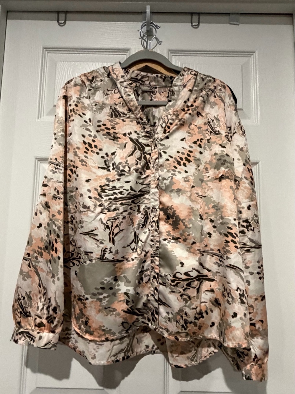 Chico’s  Satin Button-Front Blouse in Peach and Cream Abstract Print